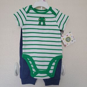 Little Me Frog Stripes Bodysuit Blue Pants + Hat 3PC Outfit Set Baby Boy 9Months